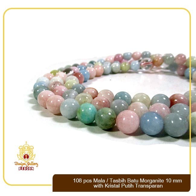 108 pcs Mala/Tasbih Batu Morganite 10 mm with Kristal Putih Transparan