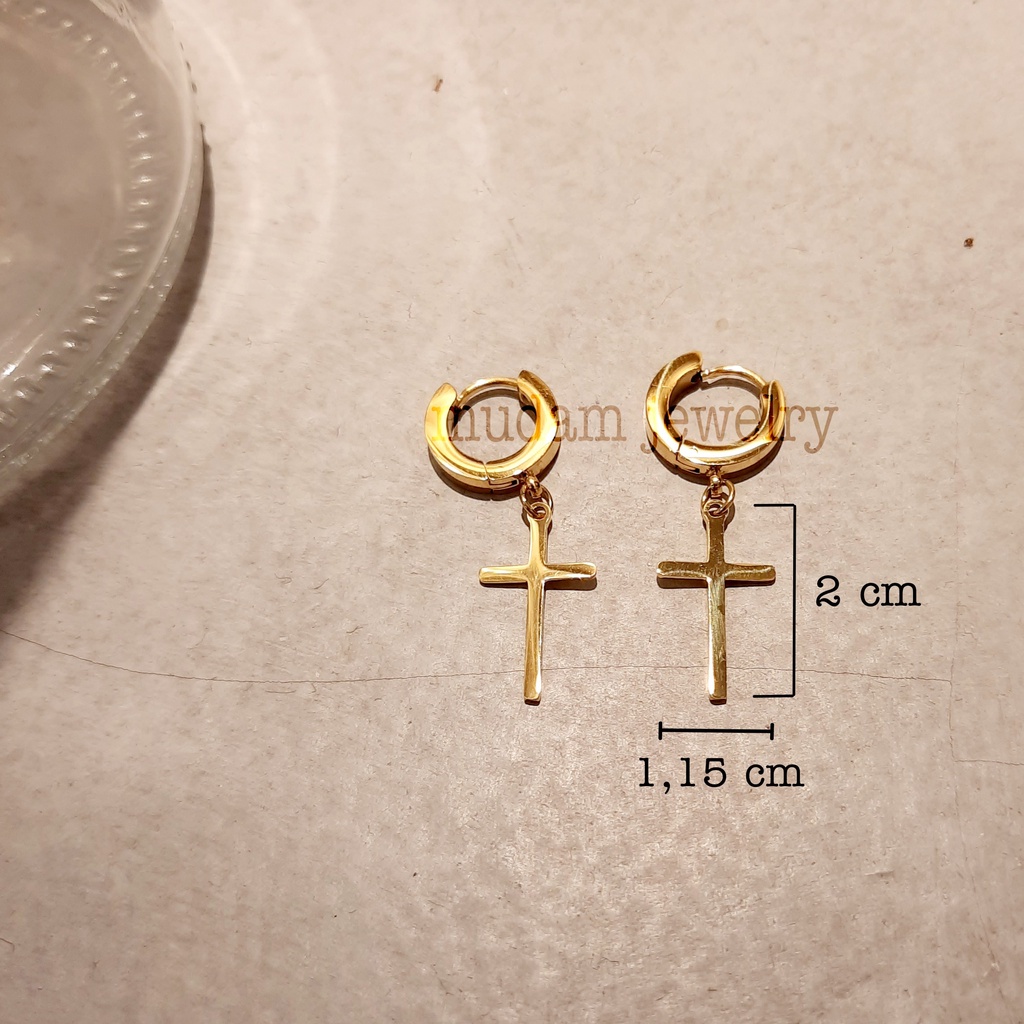Anting Jepit Titanium Model Salib Warna Gold