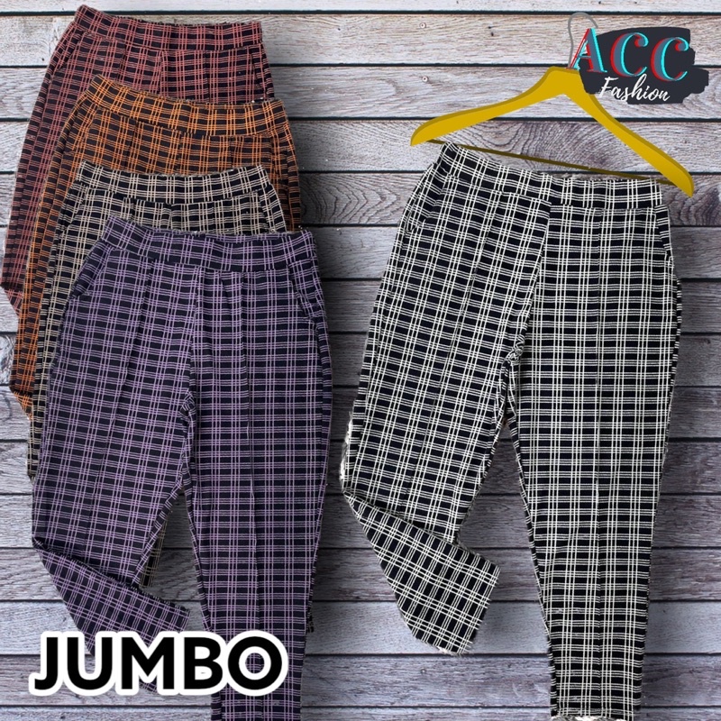 CELANA PANJANG JUMBO BIG SIZE WANITA MOTIF KOTAK KOTAK BAGGY TARTAN PANTS KAIN MELAR PINGGANG KARET 
