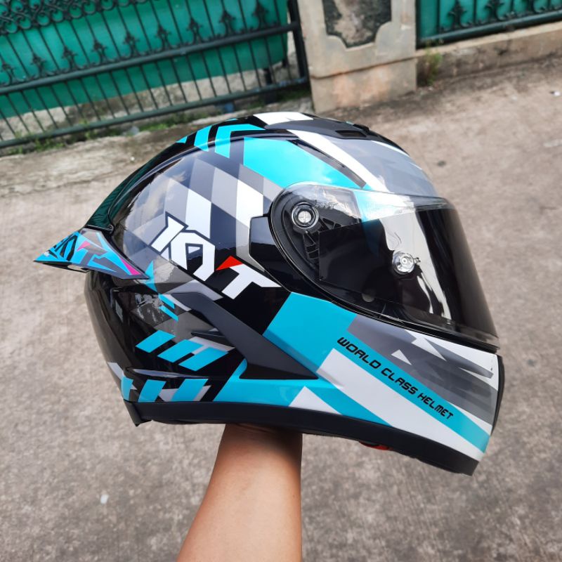 HELM KYT FALCON - PAKET GANTENG Aqua Blue Flou Black flat visor kaca flat ready top pinlock Original