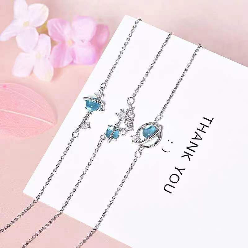 ~ PIYOSHI08 ~ Kalung / Gelang Fashion Chain Necklace Bracelet Blue / Pink Chrystal Planet Pendant AF135