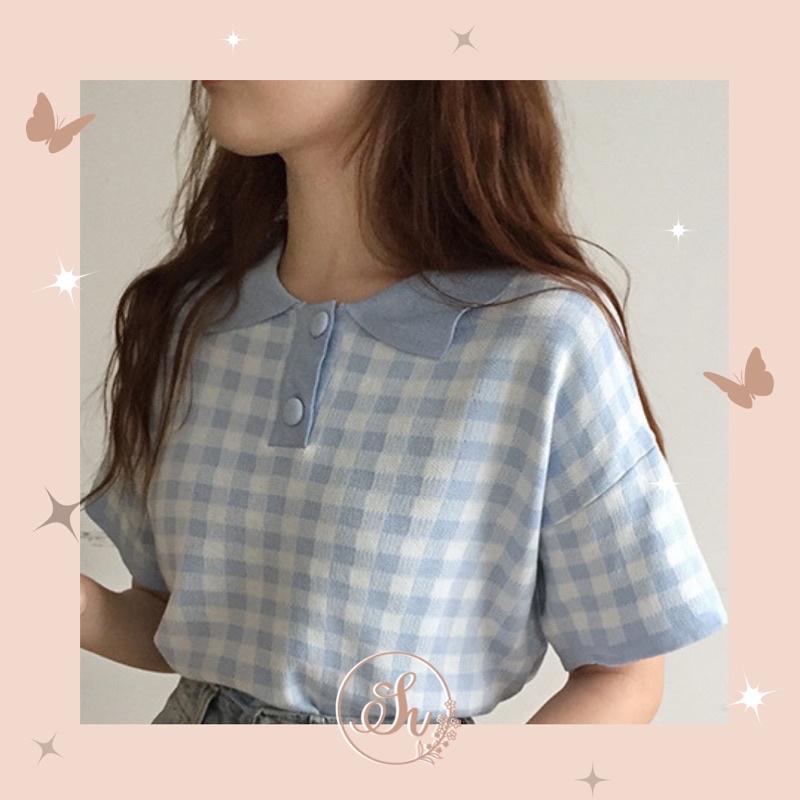 SHENIE | READY STOCK | Sana Korean Polo Crop Shirt | Gingham Pattern Crop atop | Baju Atasan Kotak -