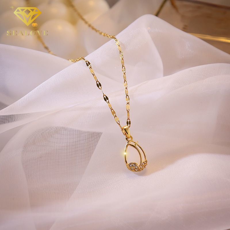 Kalung Titanium Anti Karat tulip Opal Lucu Beruntung Emas 18k Perhiasan Wanita