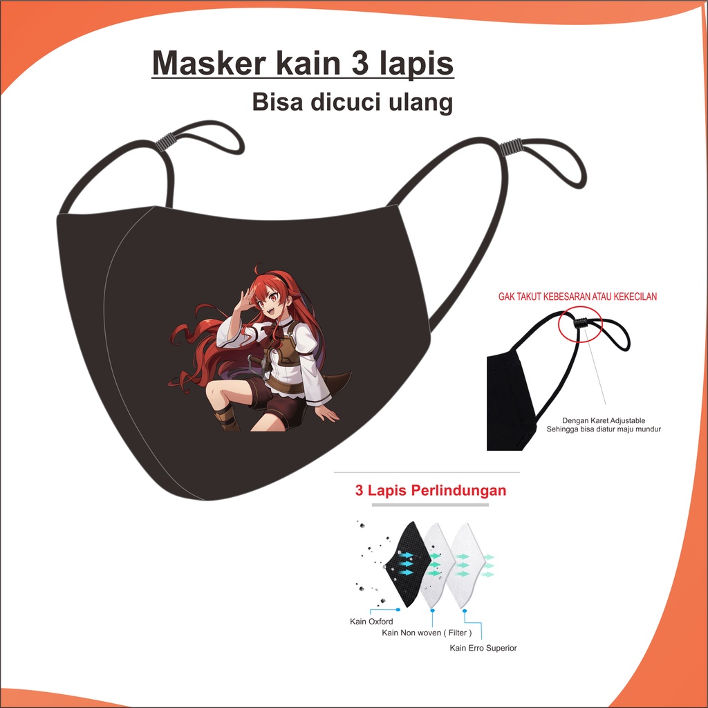 Masker terbaru 2021 Duckbill Kain 3 ply Pria Dewasa Anime Jepang Mushoku Tensei  Bisa dicuci ulang k