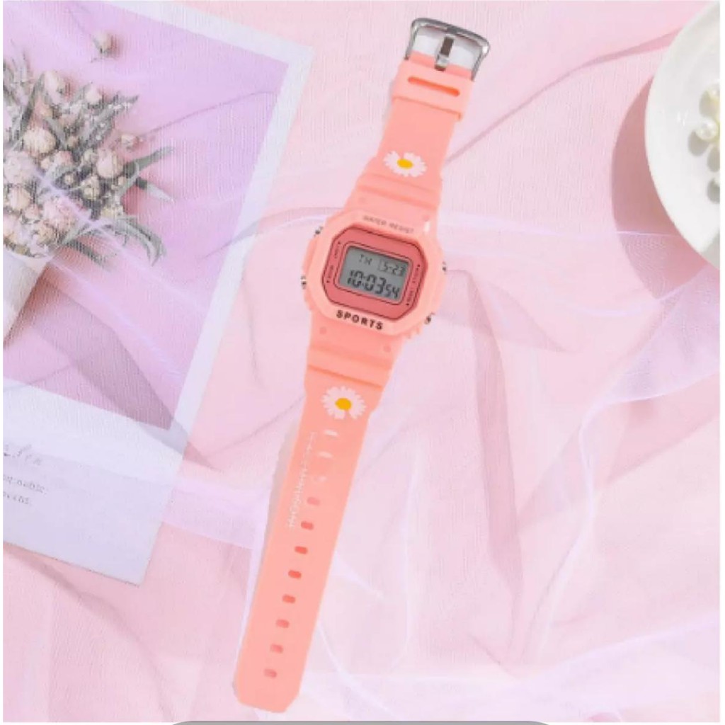 JAM TANGAN DIGITAL RUBBER PRIA / WANITA SEGI DW-5600 GROSIR KARET RUBBER SPORT LED KOREA SPORT ELEKTRONIK MOTIF BUNGA DAN POLOS STYLE COUPLE ANAK ANAK / REMAJA WATCHBRANDS  MURAH JF052 / C8-BUNGA PEACH