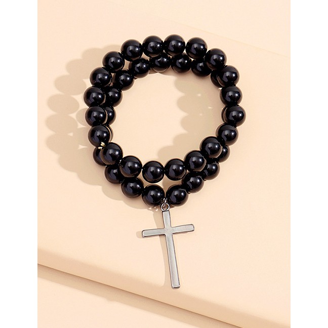 LRC Gelang Tangan Fashion Black Environmentally Friendly Alloy Cross Round Bead P48054