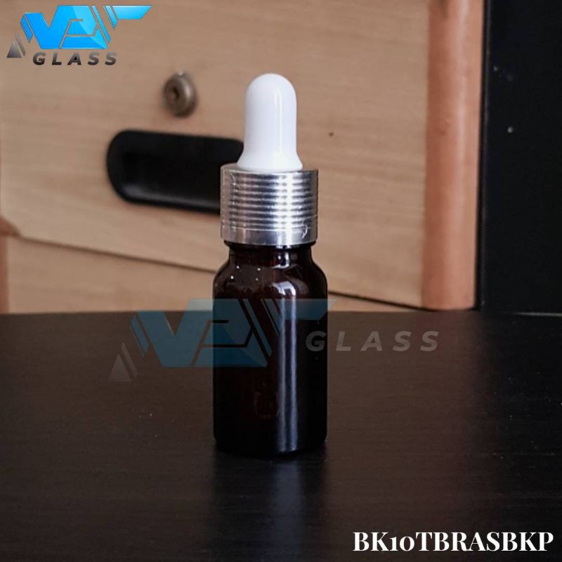 botol kaca pipet 10ml tebal coklat / amber - ring almunium silver bergaris