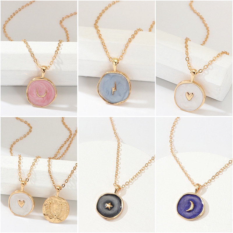 Korea IG Fashion Drop Oil Star Moon Necklace Double Pendant