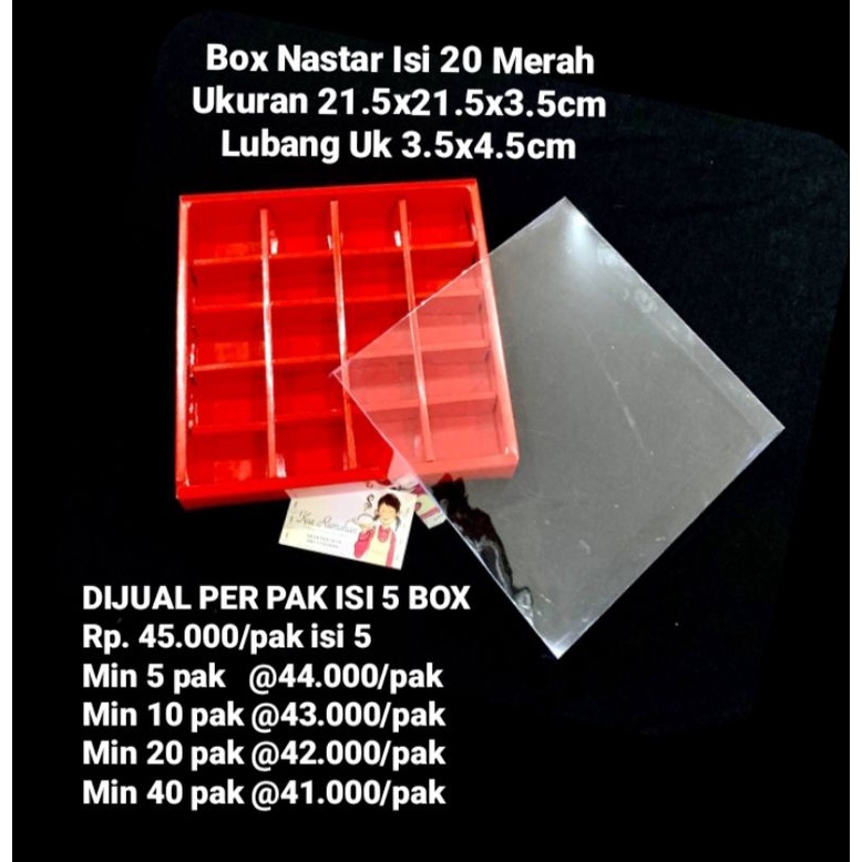 

Box Nastar Merah Isi 20 Lubang Uk 3.5x4.5cm DIJUAL PER PAK ISI 5 BOX