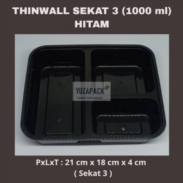 Thinwall Sekat 3 (1000 ml) Hitam Food Container Take Away Plastics Microwavable