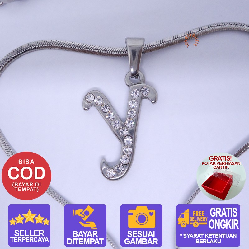 Lovelybutik Kalung Huruf Wanita Pria Titanium Anti Karat Inisial Y Uk 45 cm BONUS KOTAK PERHIASAN