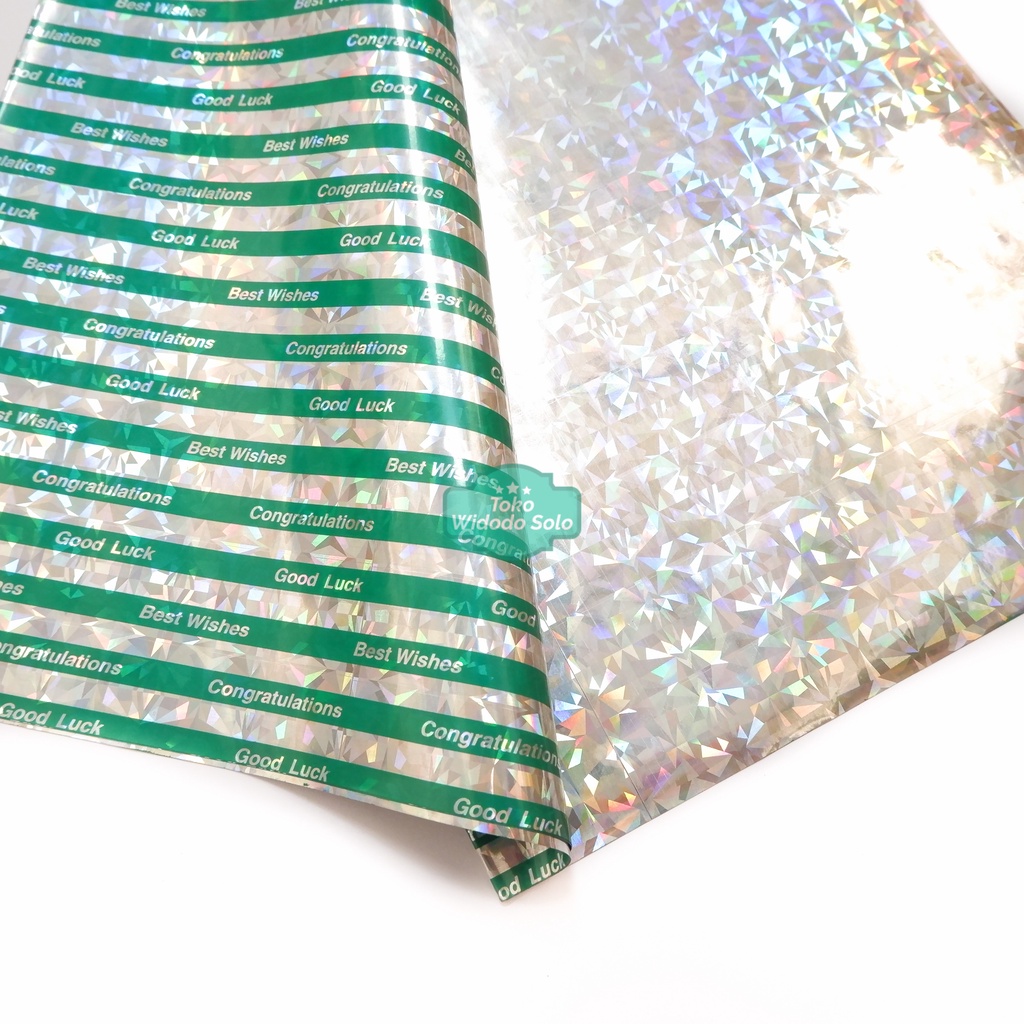 

1 LEMBAR Hologram Garis Putih Hijau Fancy Good Luck 50x65cm Plastik Kado