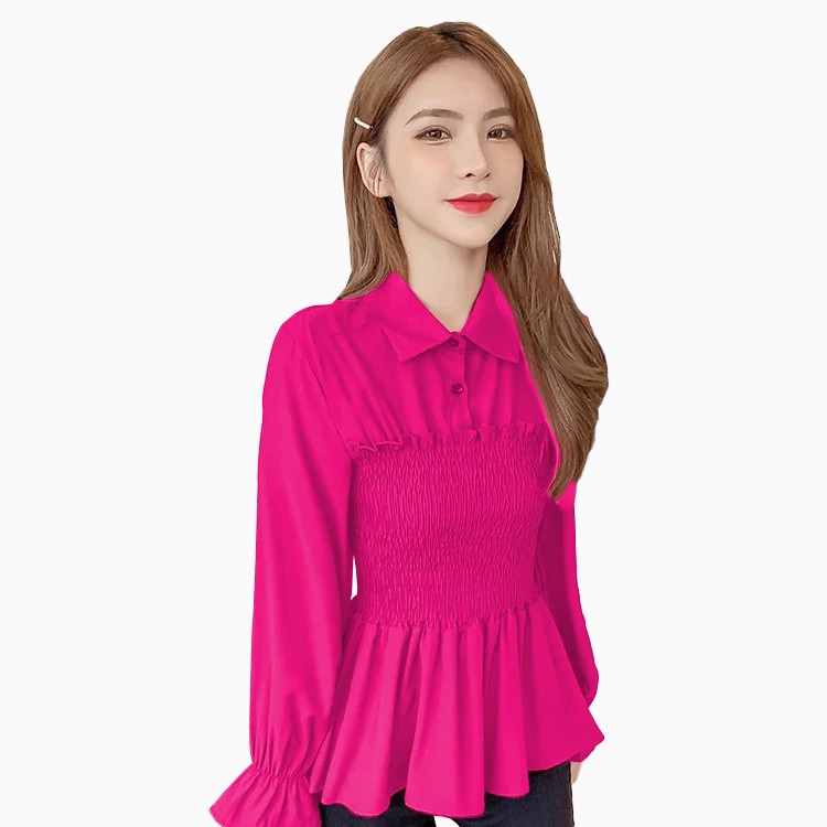 Blus Plisket lengan panjang wanita Gaya Korea variasi krah kemeja - XSHOP Maharani