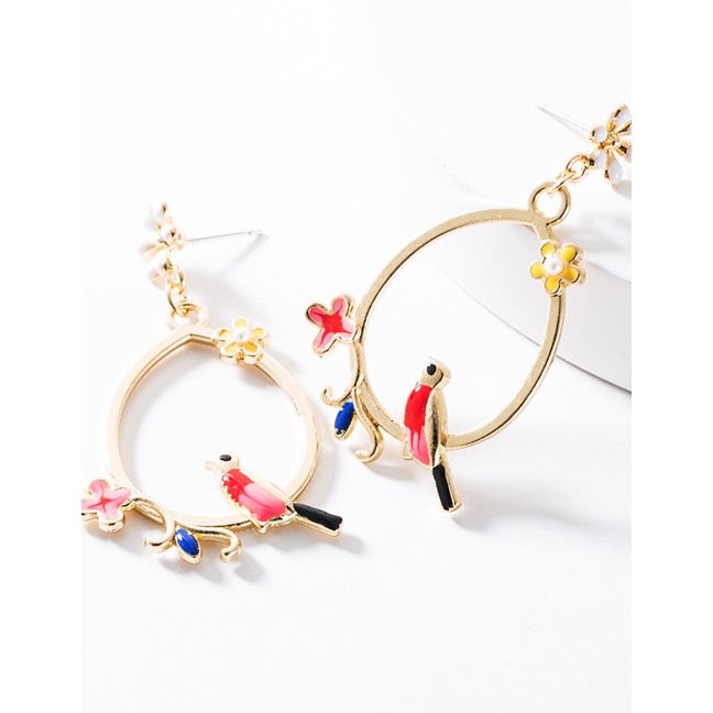 LRC Anting Tusuk Fashion Gold Color Alloy Drop Oil Floral Bird Earrings Alloy D08740