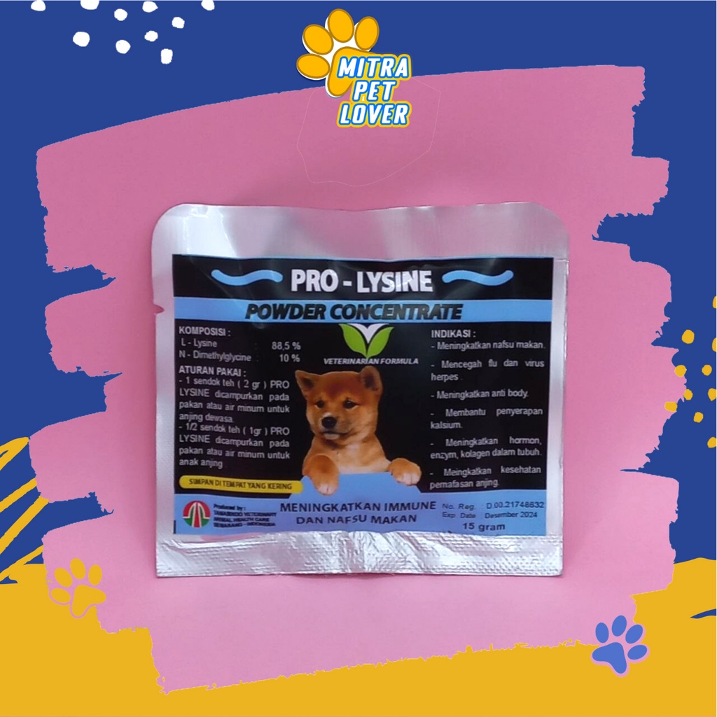 PENAMBAH NAFSU MAKAN ANJING - PROLYSINE DOG POWDER - PRO LYSINE 15 GRAM - SUPLEMEN BUBUK TAMBAH NAFSU MAKAN &amp; ANTIBODY HORMON &amp; ENZYM - CEGAH FLU - HEALTHCARE VETERINARY TAMASINDO OBAT KESEHATAN DAN VITAMIN TERNAK HEWAN BINATANG PELIHARAAN MITRAPETLOVER