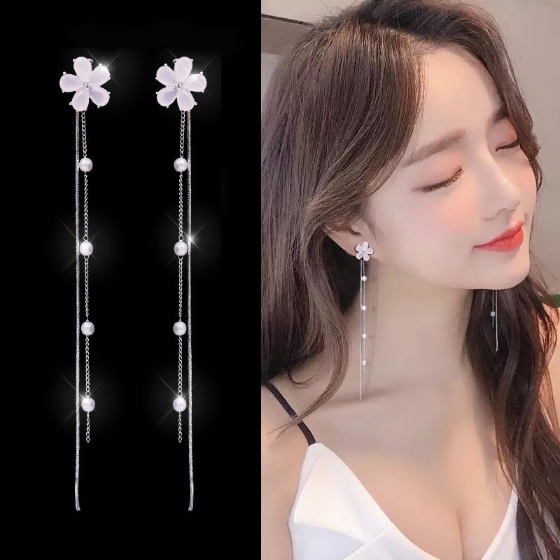 Anting Rumbai Panjang Desain Bunga Aksen Mutiara Berlian Imitasi Bahan 925 Silver Needle Gaya Korea Untuk Wanita