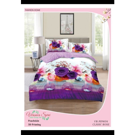 sprei microtex motif bunga mawar ungu putih