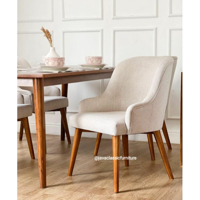 KURSI MEJA MAKAN JOK SCANDINAVIA CAFE RESTO RESTORAN MEWAH RUANG TAMU KELUARGA DINNING SET KITCHEN BAHAN RANGKA KAYU JATI BUSA EMPUK KAIN BLUDRU HALUS LEMBUT FURNITURE JEPARA-3