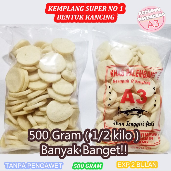 

KEMPLANG IKAN TENGGIRI SUPER BENTUK KANCING KERUPUK UKURAN SEDANG SUPER ASLI PALEMBANG 500GR