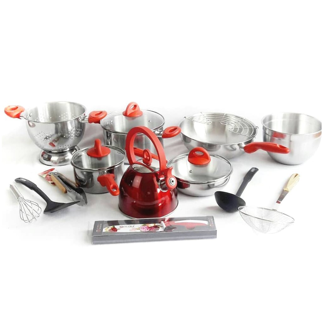 Panci Set Supra 18pcs Stainless Warna Merah