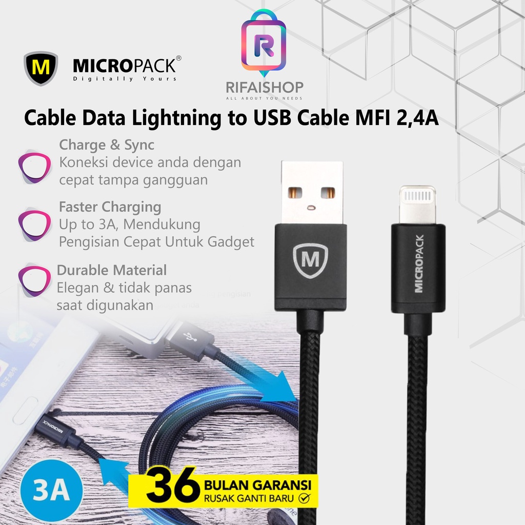 Kabel Data Lightning to USB Cable MFI 2,4AH 1Meter I-100 MicroPack Kabel Charger Murah