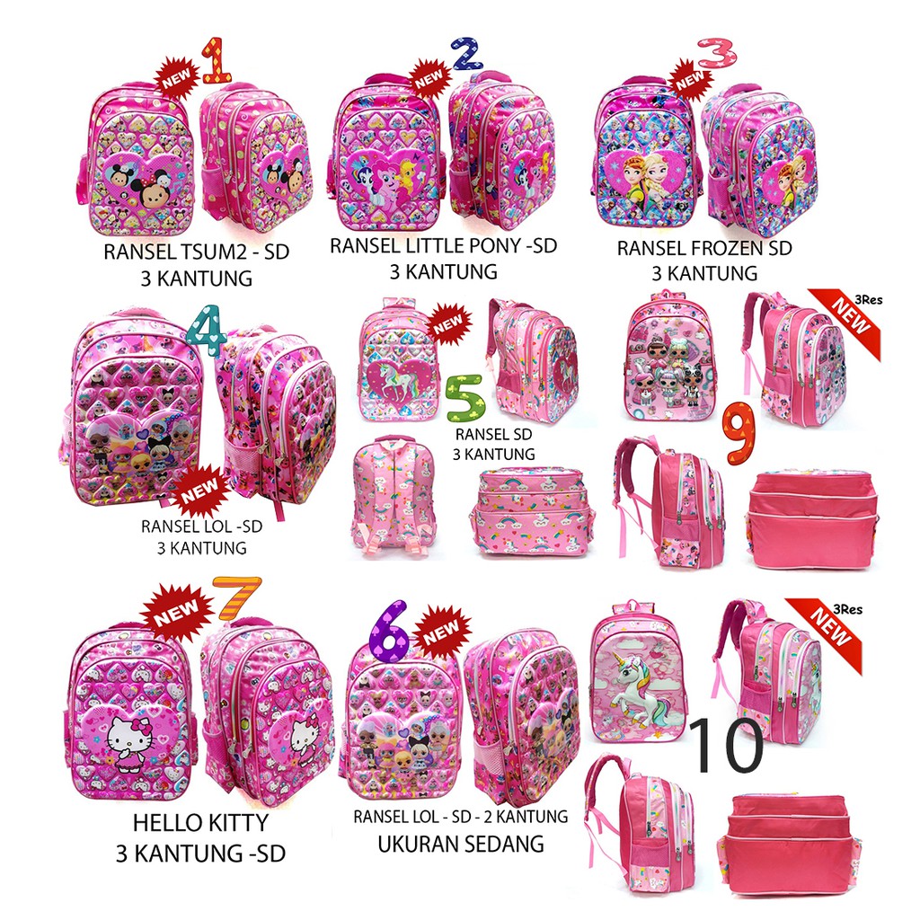 PROMO RANDOM ANAK SEKOLAH CUCI GUDANG Tas RANSEL Anak Sekolah SD Perempuani 5D TIMBUL / USAP IMPORT - Ukuran Besar Dan Luas ( ADA PILIHAN RANDOM  )