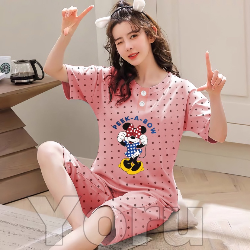 Pamelo Piyama 3/4 Baby Doll Murah Suplier Sleep Wear All Size Baju Tidur Wanita kaos Katun Stelan Stage2 Baju Tidur Murah Produk Terlaris