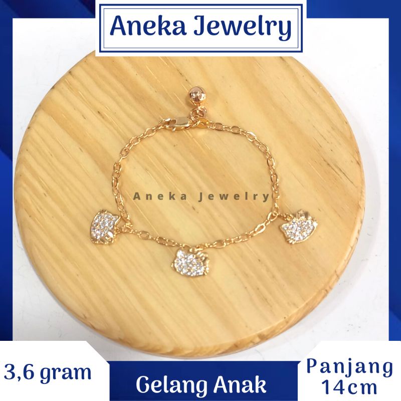 Gelang Anak Holo Gantung Hello Kitty Mata2, Perak 925, Sepuh Emas Rosegold