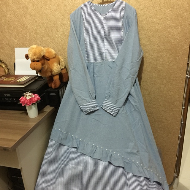 Preloved Salur Branded Mutiara Garis Gamis Dress Rampel Tingkat Duyung Syari Busui Dingin Biru Grey