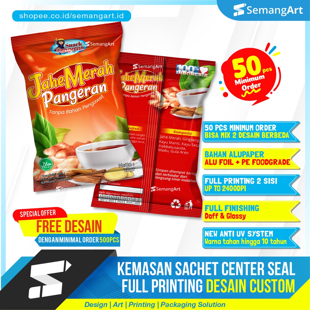 Kemasan Sachet Center Seal T Full Printing Plastik Bungkus Makanan Minuman Kopi Cetak Desain Custom