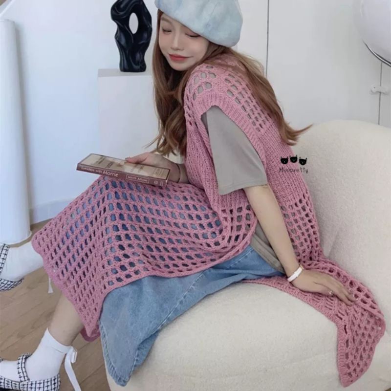 Atasan Tunik Rajut Jaring Tanpa Lengan / Hollow Dress Knitted Top Outer