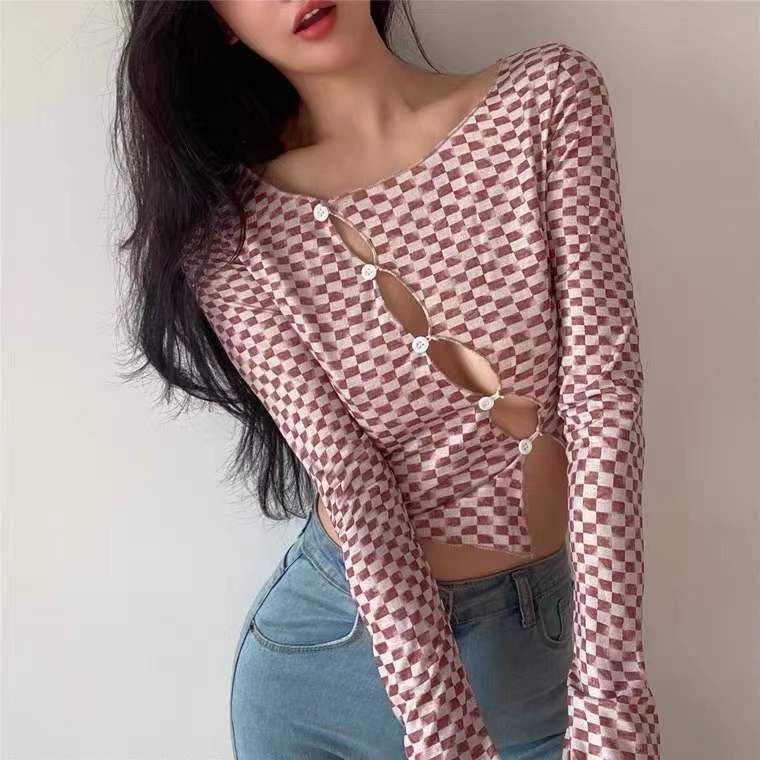 【AMY J】Plaid Long-Sleeve Personality Asymmetrical Cut Out Top 7065