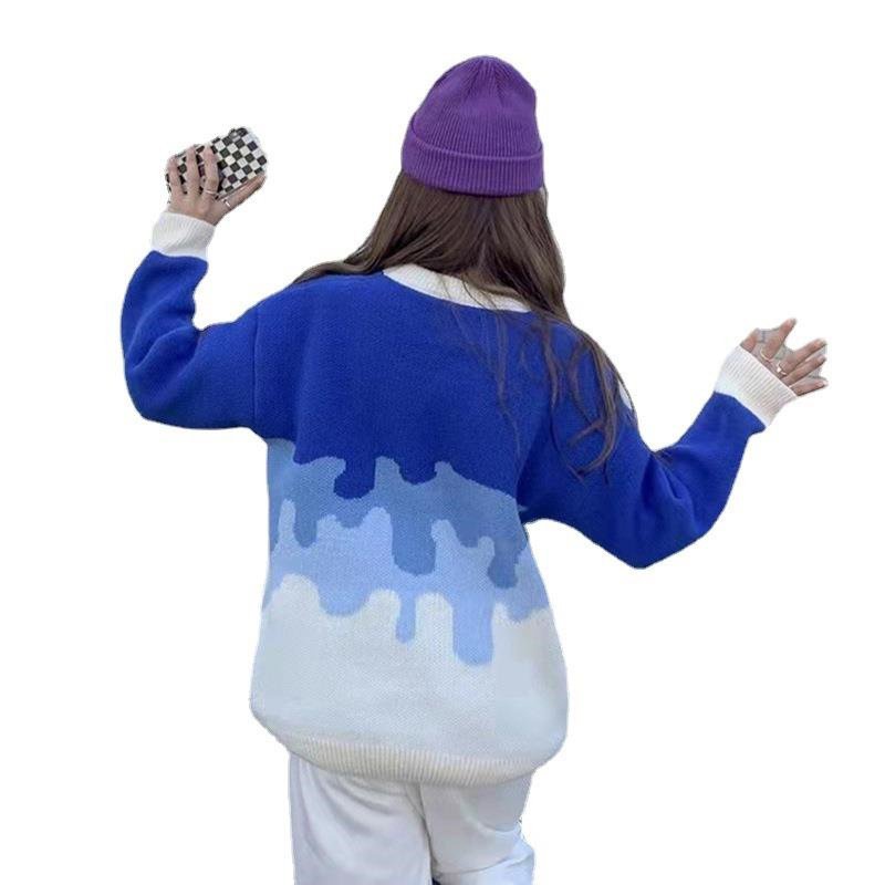 #Sisjuly# Wanita Baru Kasual Gradien Colorblock Knit Crew Neck Sweater Pullover Lengan Panjang