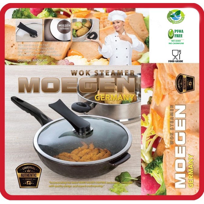 ORIGINAL MOEGEN Germany wok pan moegen panci wajan  moegen steamer 30cm marble coating wajan dengan kukusan / dandang