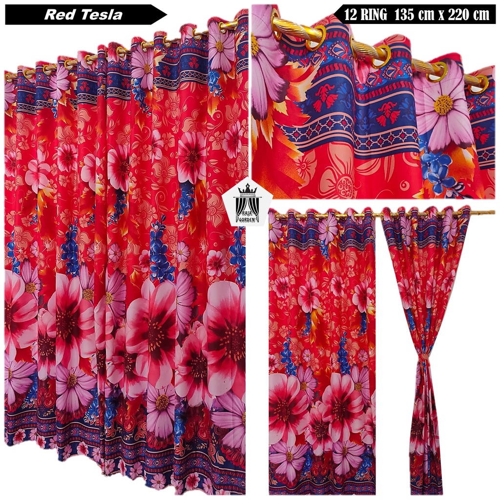 Gorden Pintu Kamar Hordeng Jendela Tirai Model Smokring 12 Ring Motif Bunga Mawar Tulip Batik Sultan