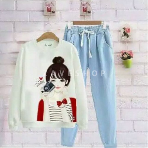 Nooz Set Premium Kaos Babyvterry Mix Jeans Wash - Setelan Hangout AE584 Stelan Kekinian/Set Denim R