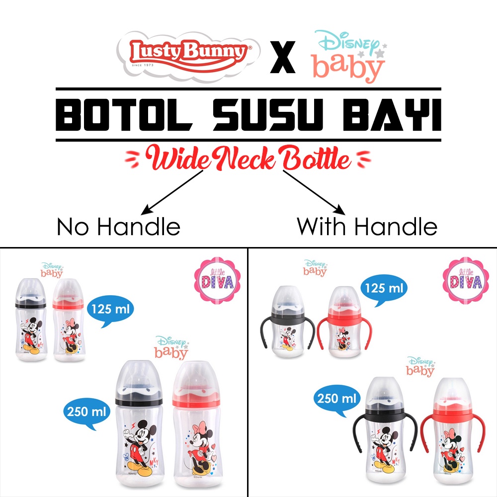 Botol Susu WIDE NECK - 125 ml &amp; 250 ml LUSTY BUNNY MILK BOTTLE HANDLE  Tipe Wideneck mickey minni