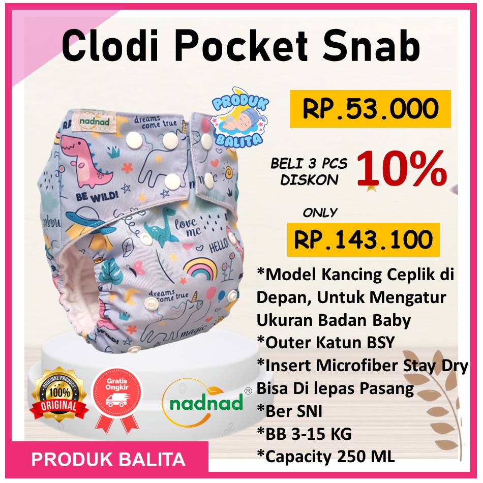 Popok Clodi Pocket Snab / Kancing Bayi Baru Lahir Laki Perempuan Newborn BB 5-15 Kg