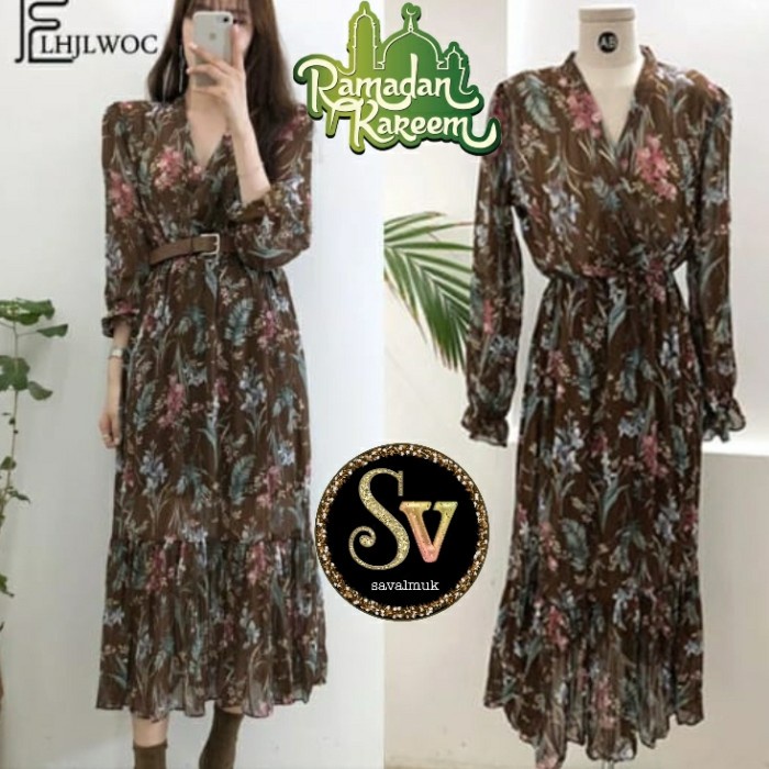 dress wanita korea - Coklat L