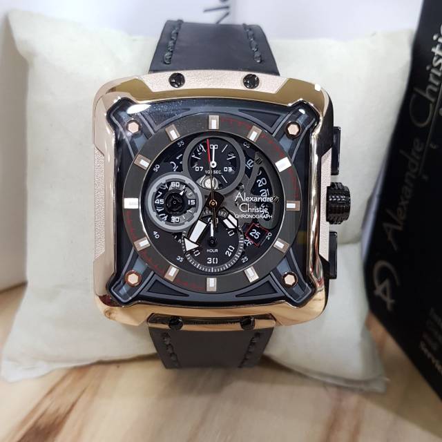 Jam Tangan Keren Elegant Pria Alexandre Christie AC 3030 MC Leather Black Soft Rosegold Original