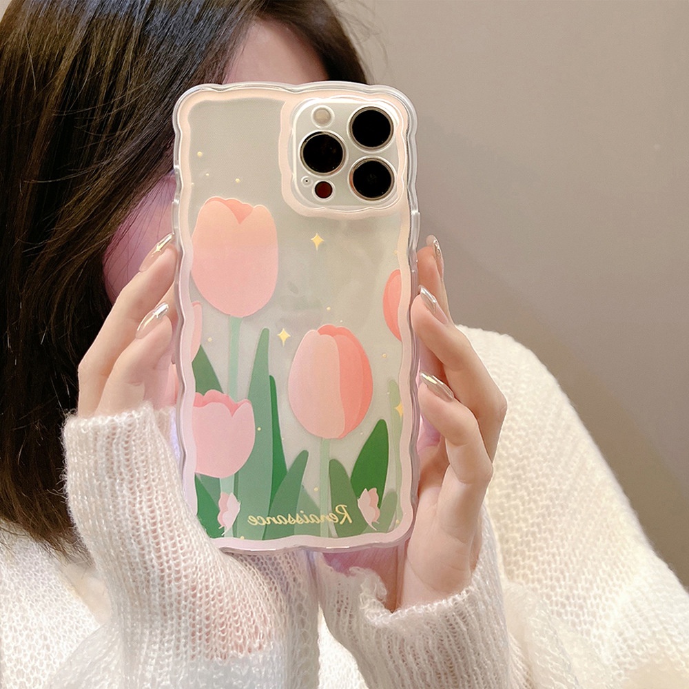 IPHONE Pink Tulip Bunga Bentuk Gelombang Transparan Manis Casing Pelindung Ponsel Cover Untuk Iphone7 8 PLUS X XR XS 11 12 13 14 MINI PRO MAX SE 2020