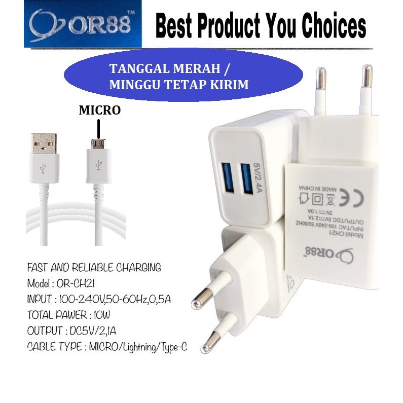 Charger Fast Charging  2 in 1 - Charger 2 Usb 100% Original OR88