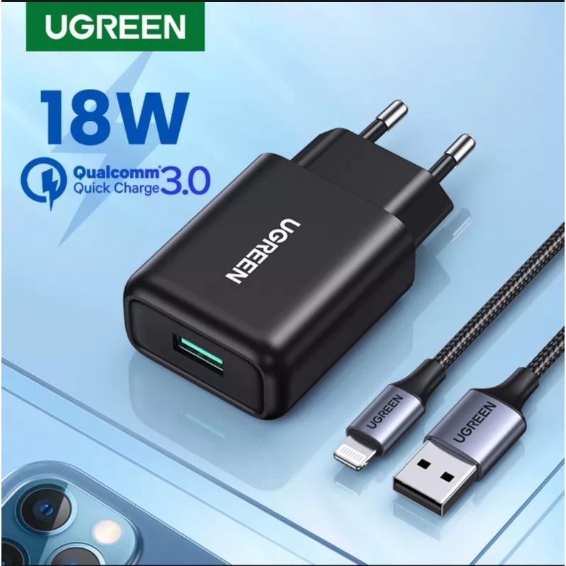 Ugreen Charger iPhone 18Watt with Kabel Usb Lightning Mfi Certified for iPhone 14 12 13 11 8 7 X XR XS