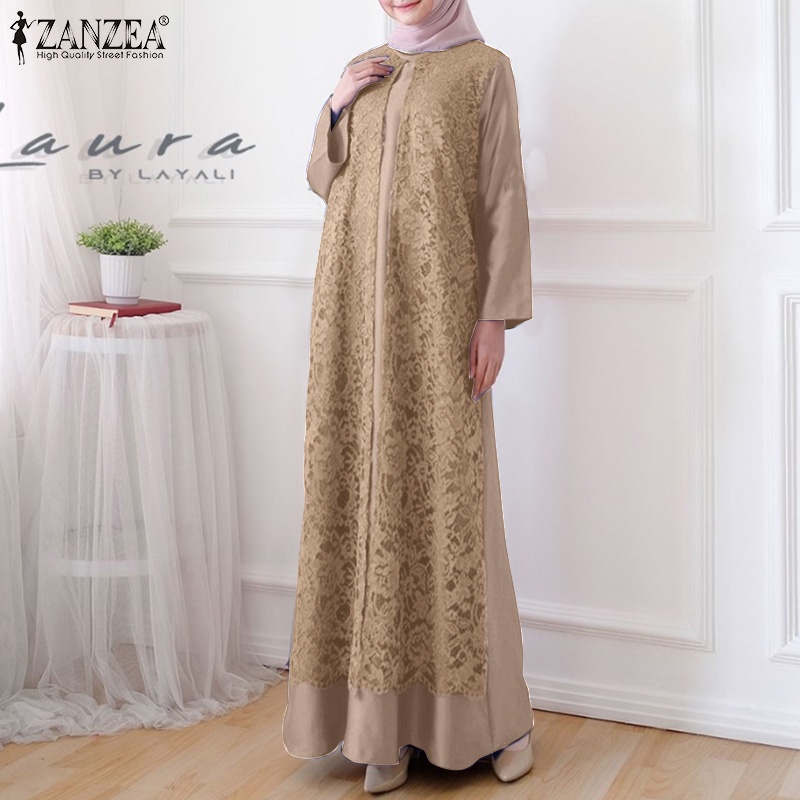 ZANZEA Women Muslim Retro Full Sleeve O-Neck Lace Patchwork Casual Maxi Dress