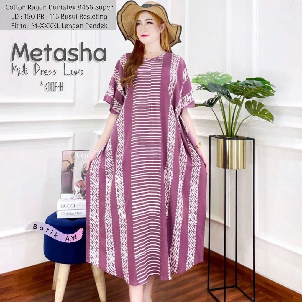 Metasha Daster Rayon Midi Dress Kelelawar Batik Cap Encim Soft Color Size Jumbo L - XXXL Busui Resletng Lengan Pendek