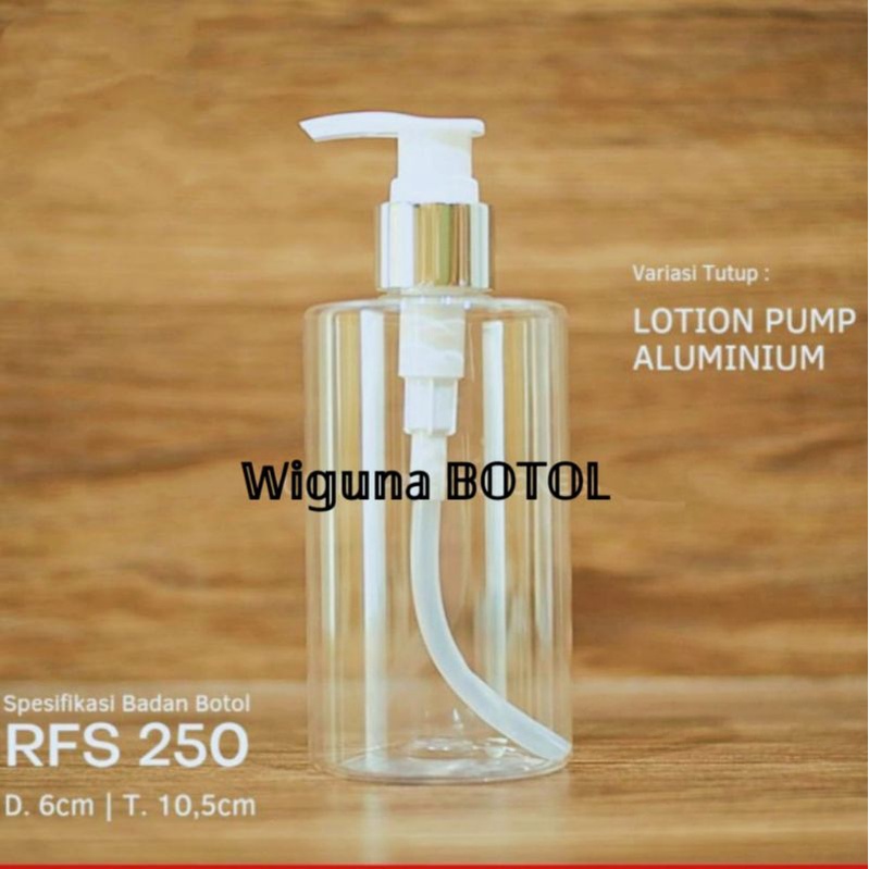 Botol Pump 250ml Clear / Botol RFS 250ml Tutup Pump Lotion Ring Alumunium / Botol Dioly Pump 250ml Clear