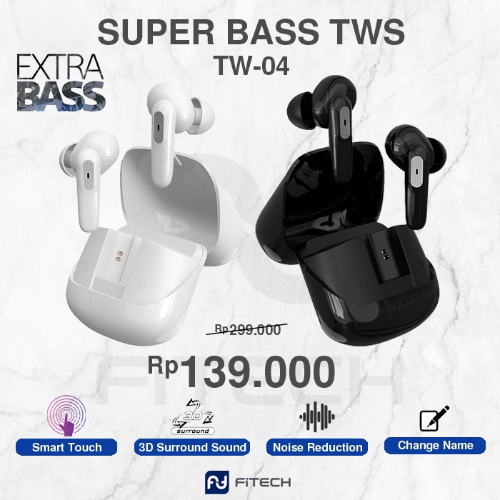 [ORIGINAL BERGARANSI] FiTech TW-04 Earphone EXTRA BASS TWS Wireless Headphone Bluetooth Headphones E