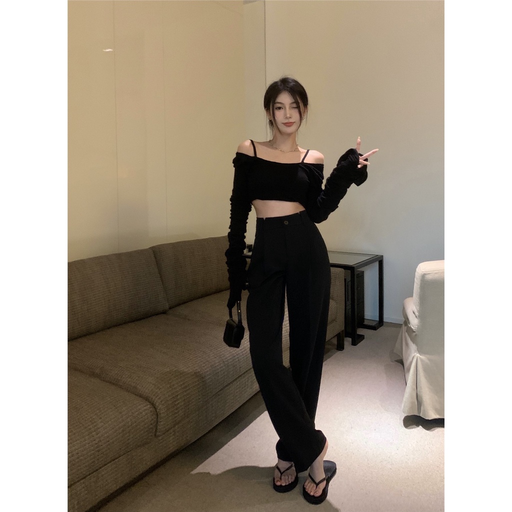 Pinggang Tinggi Setelan Lurus Celana Kasual Wanita 2022 Musim Panas Baru Hitam Slim Menggantungkan K