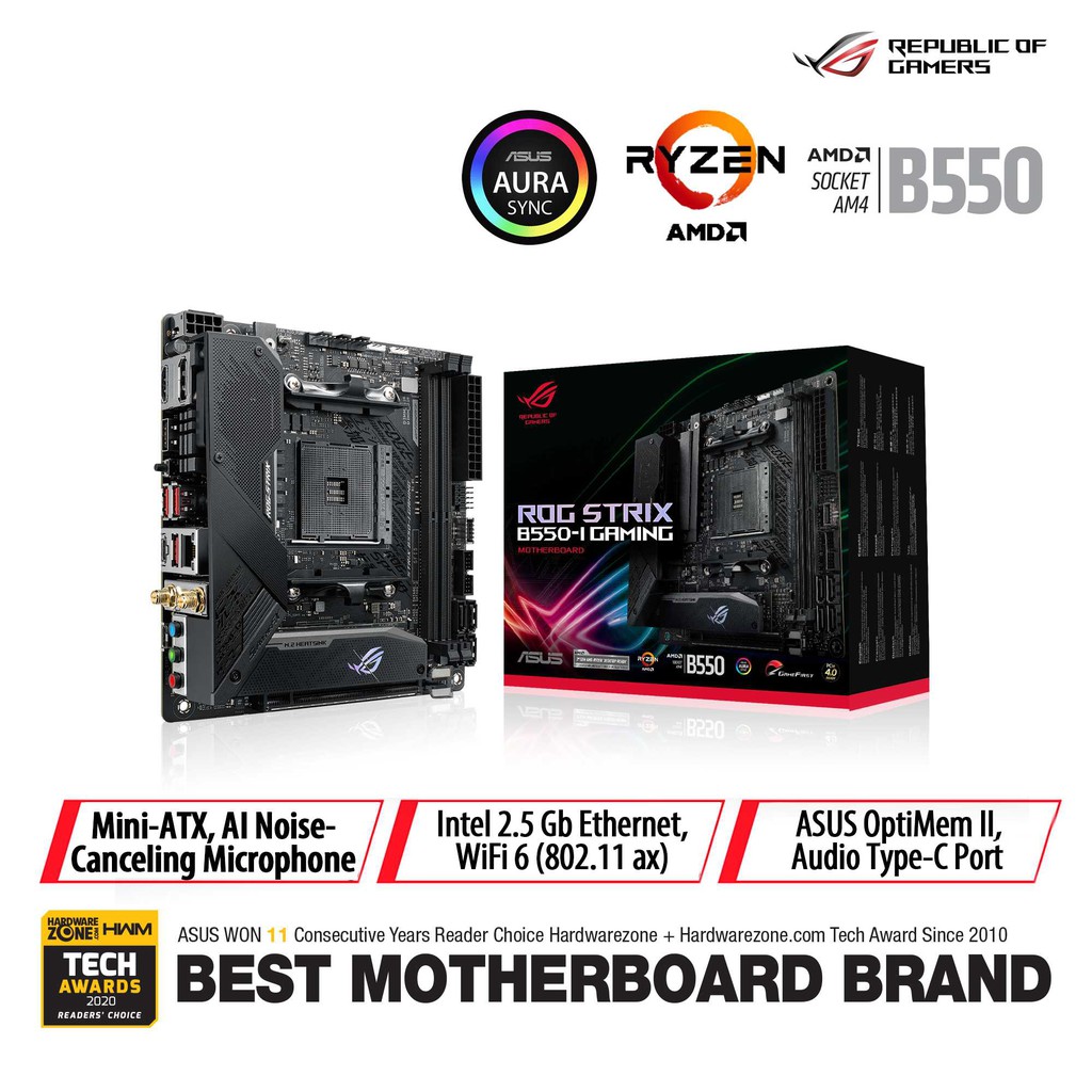 Asus ROG STRIX B550-I GAMING, AMD B550 Gaming Mini-ITX motherboard with PCIe® 4.0, teamed power stag