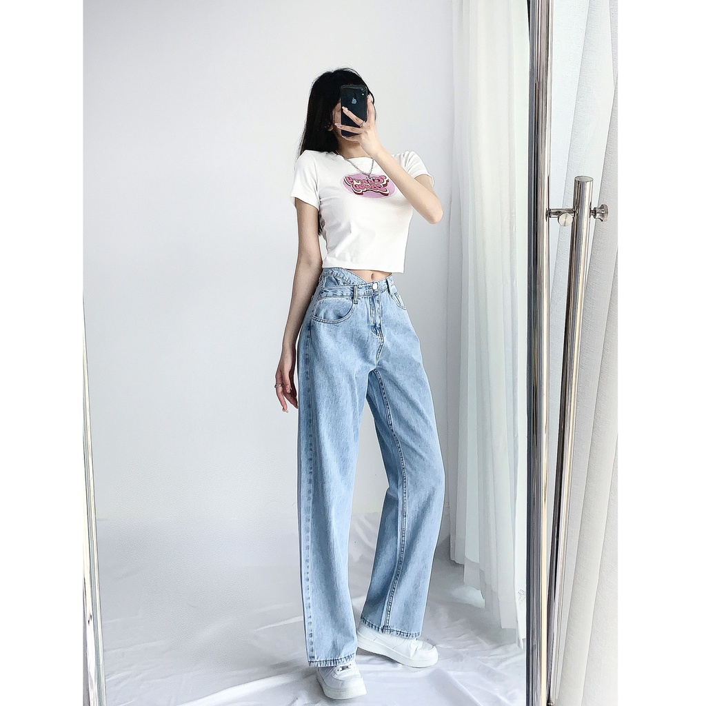 Celana Panjang High Waist Korean Style Straight Jeans Kulot Jeans Biru Wanita Kekinian